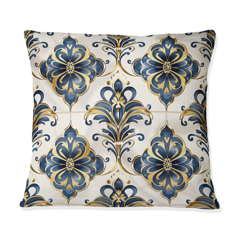 Gold Blue Glam Damask Tiles - Glam Throw Pillow, 16"H x 16"W