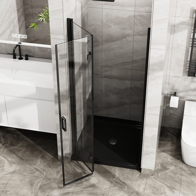Porte de douche en verre 72 po x 34 po - Balançoire pivotante noire trempée 1/4 po d'épaisseur avec bandes de joint pliantes de 72 po de hauteur et finition facile à installer