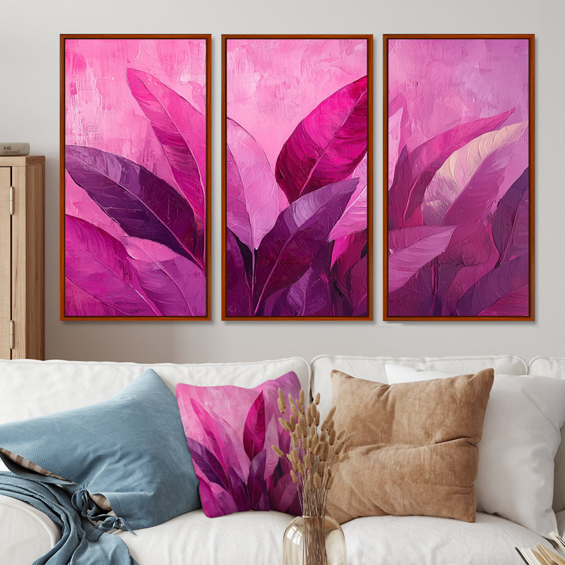 Feuilles magenta Blosoom II - feuilles, art mural - ensemble de 3, H 40 po x l 60 po, Impression encadrée sans passe-partout