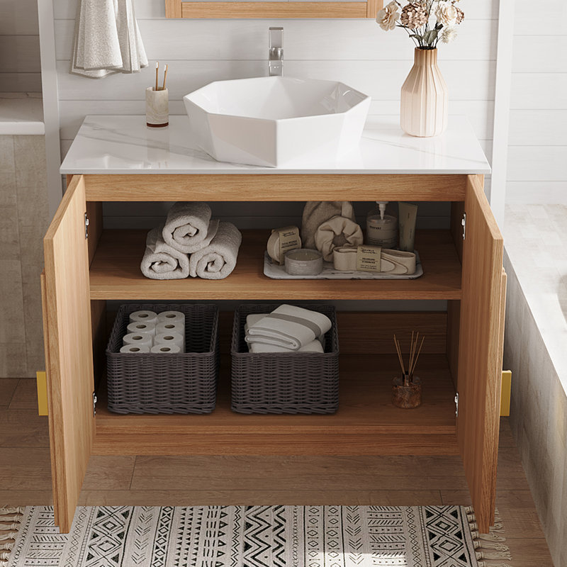 Base de meuble-lavabo de 36 po en noyer brun rétro avec comptoir en pierre, lavabo en céramique, drain inclus et tablette réglable
