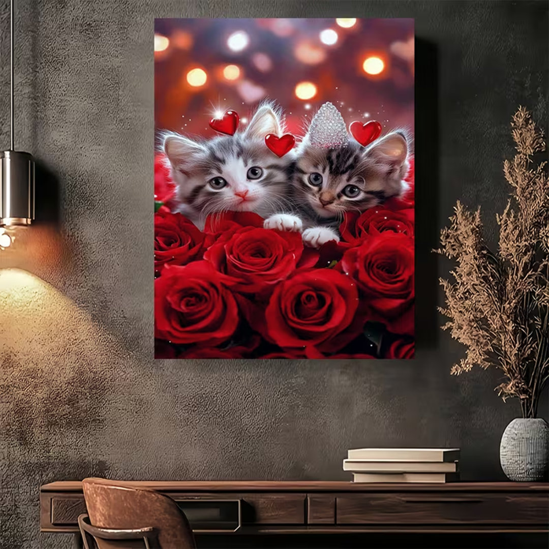 90*60,1Pc Charming Kittens On Red Roses Canvas Wall Art - Modern Vintage Design With Wooden Frame.