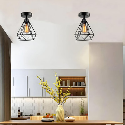 Vintage Black Flush Mount Ceiling Light Fixture with Bulb, Industrial Metal Cage Ceiling Lamp with E26 Base, Modern Lighting for Kitchen, Bedroom, Entryway, Porch, Living Room 2 Pack