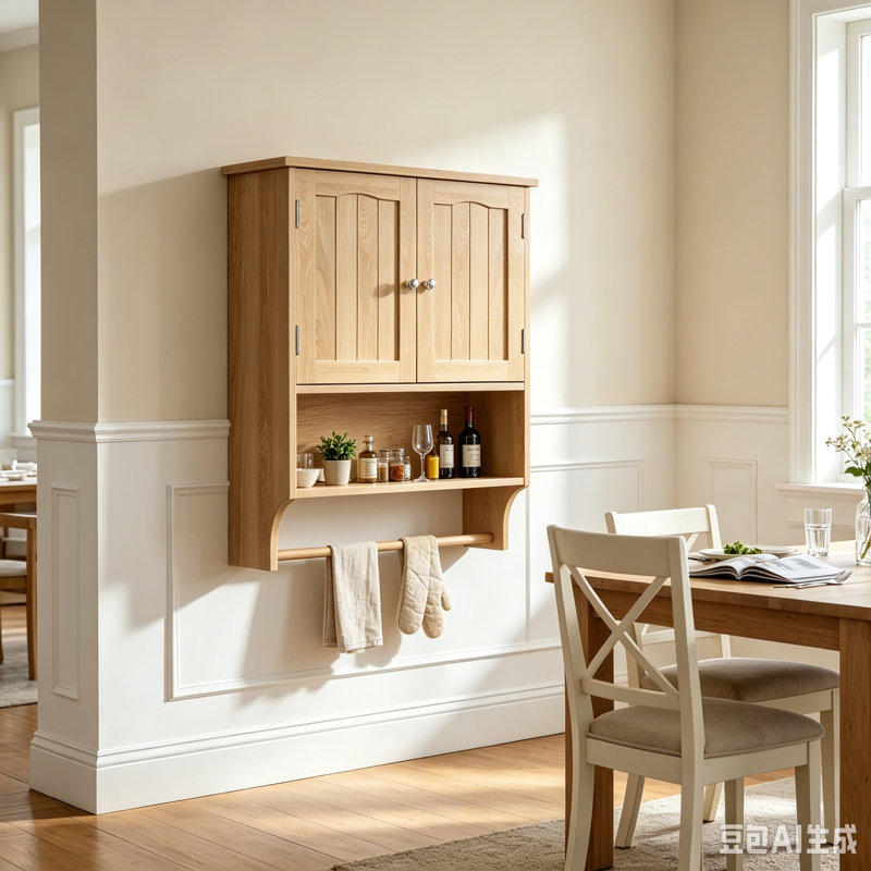 60 x 70 cm Oak Kitchen Wall Cabinet with Double Doors & Adjustable Shelf, Open Compartment & Rail 2-Piece Wall-Mounted Storage Cabinet for Dining Room Breakroom