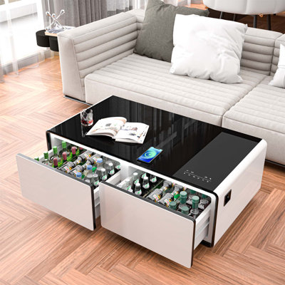 Table basse moderne intelligente avec réfrigérateur intégré, haut-parleurs Bluetooth, chargement sans fil, prise de courant, ports USB, lumière RVB, blanc