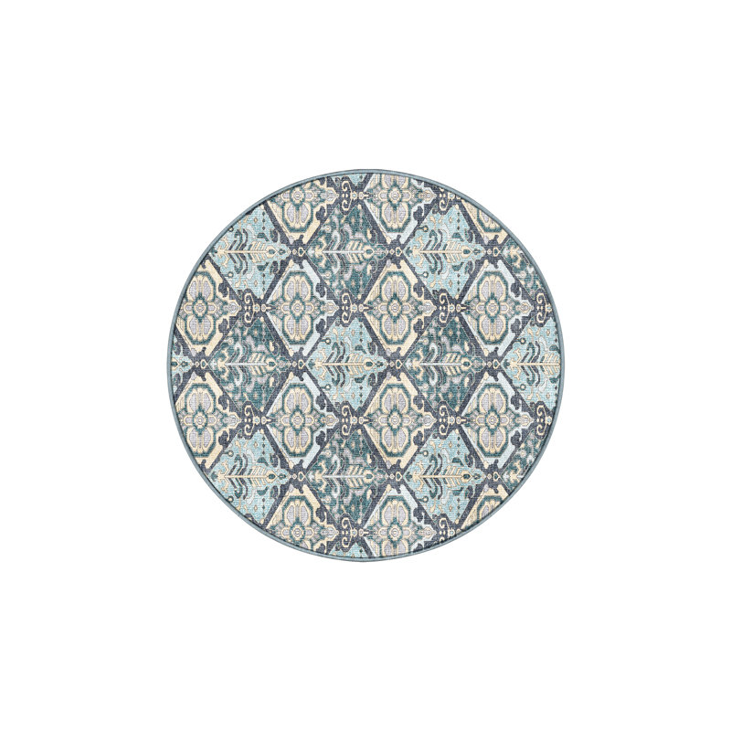 Tapis bleu en chenille / polyester tissé à la main Fira, Rond 6 pi