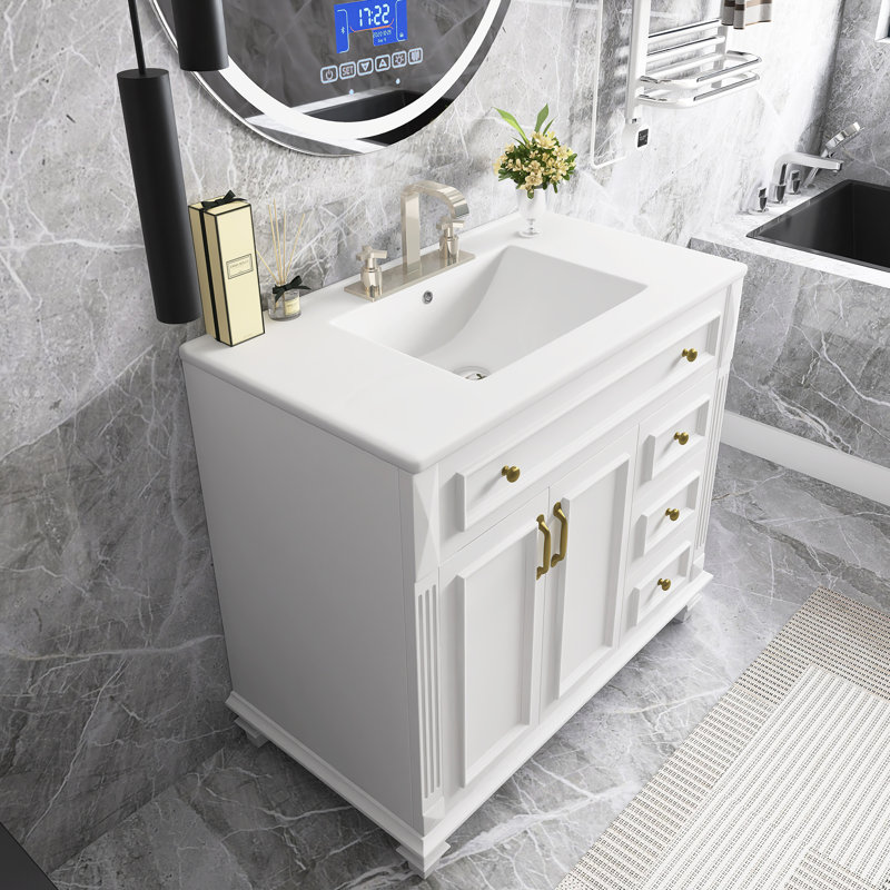Ensemble de meuble-lavabo autoportant en bois massif et en panneau de fibres à densité moyenne 36 po avec tiroir rabattable, 3 tiroirs, 2 portes à fermeture en douceur et plateau en céramique intégré