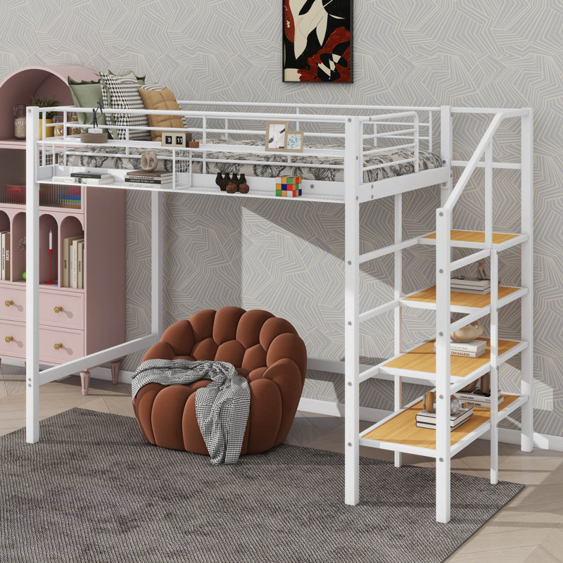 Lit mezzanine simple en métal avec tablette supérieure et échelle de rangement latérale, Blanc