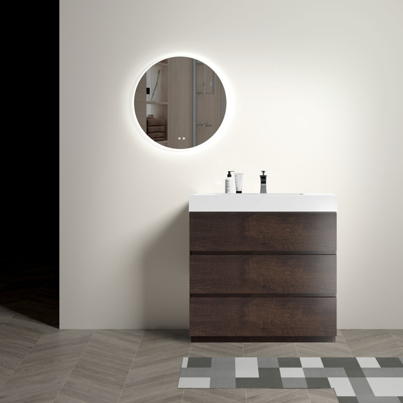 Meuble-lavabo de salle de bain 36 po - Noyer, lavabo blanc, rangement spacieux, lavabo moderne élégant, intégrale de finition, thème