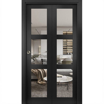 Sliding Closet Bi-Fold Doors | Lucia 2555 Silk With Clear Glass | Sturdy Tracks Moldings Trims Hardware Set | Wood Solid Bedroom Wardrobe Doors