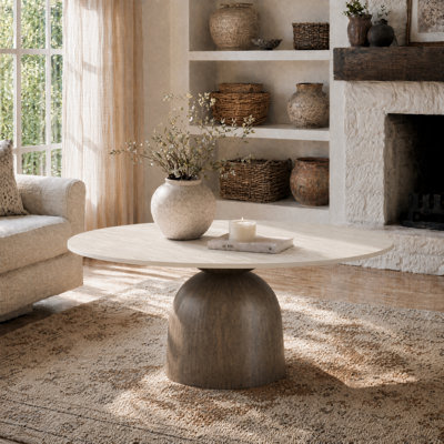 Meranda Round Stone Coffee Table With Walnut Solid Wood Pedestal For Living Room & Home Decor