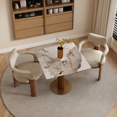 33" Contemporary Luxury Square Dining Table Collection with Embossed Striped Walnut Pedestal and Gold Base - Available in Midnight Onyx Glass, Arctic Texture, Sahara Mist and Black Grid Marble Finishes