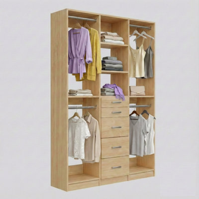Alto 2 Double Hang and 5-Drawer Wall-Mounted Closet Tower System, 79.5" W x 84" H x 14.5" D, Oak