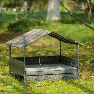 Niche pour chien en osier d'extérieur avec auvent, lit en rotin avec coussin résistant à l'eau, pour petits et moyens chiens