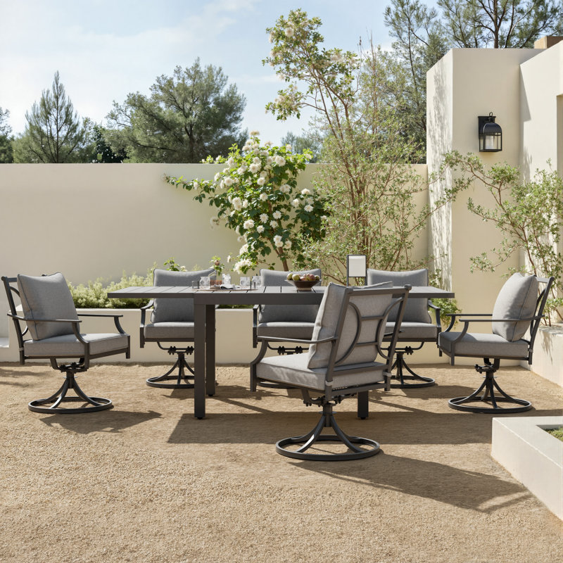 Ensemble repas pour 6 personnes avec table extensible et fauteuils pivotants rembourrés
