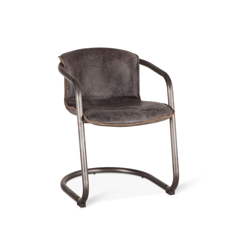 Guzman 20'' H Genuine Leather Upholstered Metal Armchair, Antique Ebony