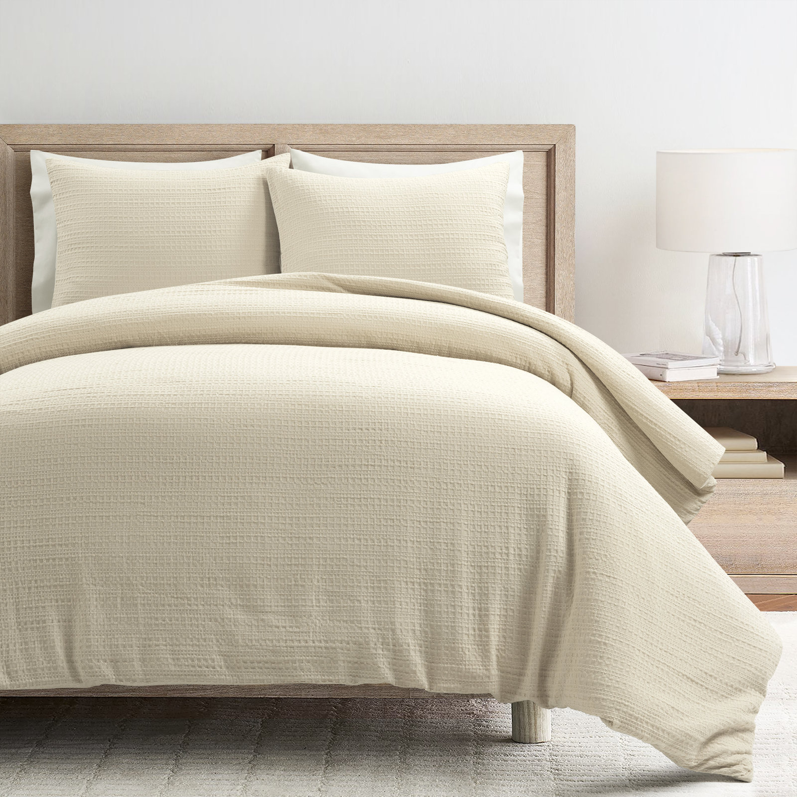 Haniya Solid Waffle Cotton Duvet Cover Set, Beige, King Duvet Cover + 2 King Shams