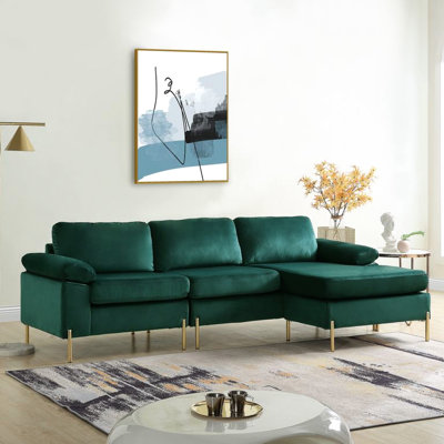 L - Shaped 3 Seat Velvet Featuring Mid Century And Styles, Solid Wood Frame, Brass Gold Finish Legs, Pillow Arms, Removable Cushions Foam Padding With Aesthetic, Sleek Metal Arms Back &