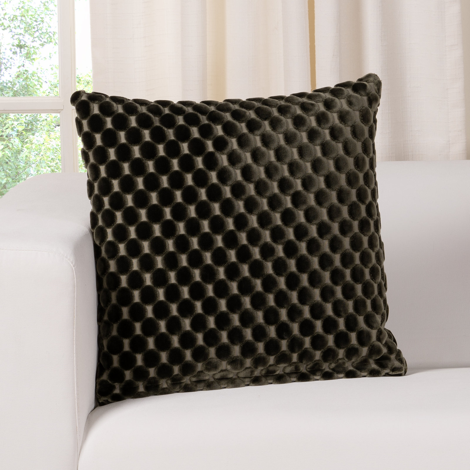 Nirvan Velvet Dot Throw Pillow, Green, Feather, Square 20"