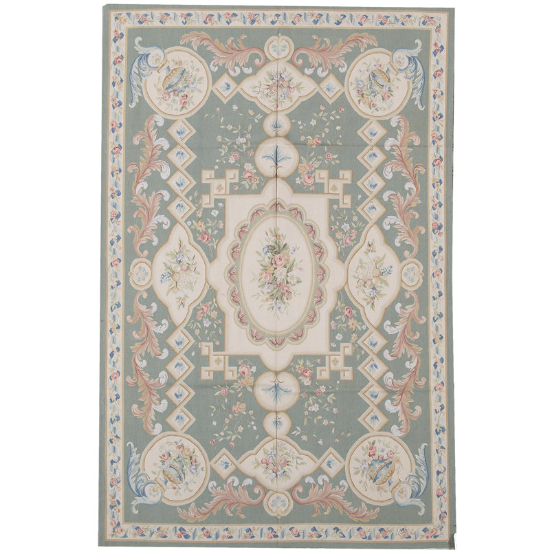 Tapis vert et beige noué à la main de haute qualité