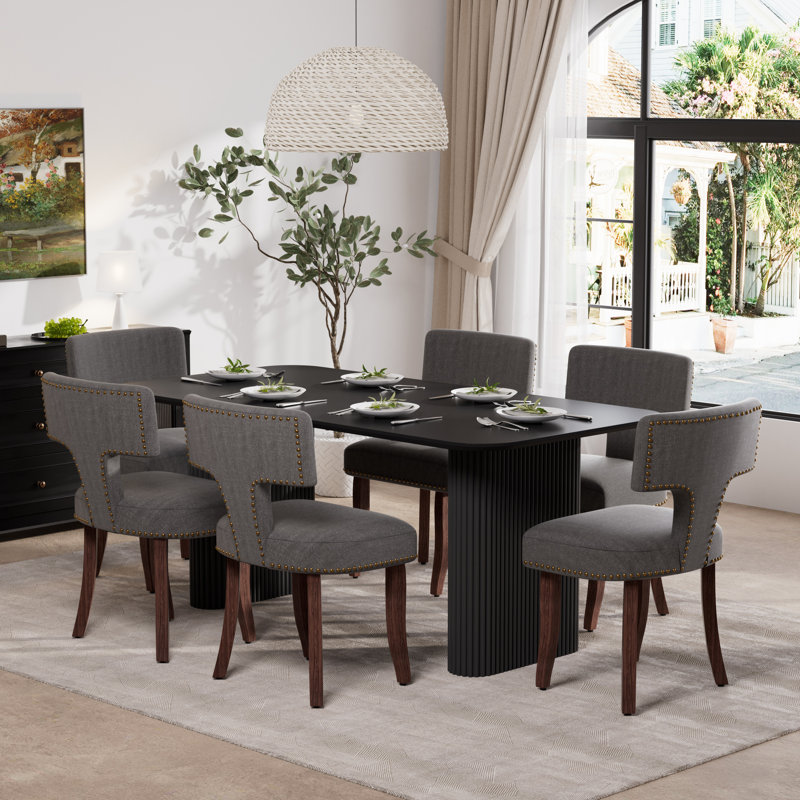 Rectangular Wooden Dining Set with Upholstery Dining Chair, 7, Black, Gray