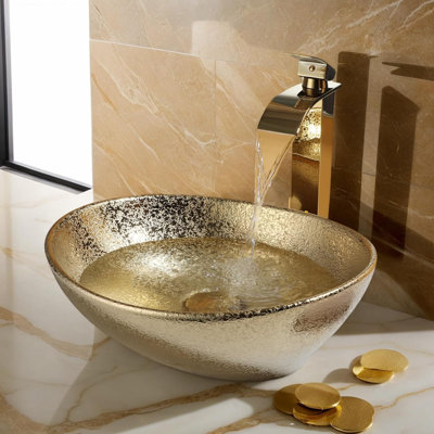 16-Inch Gold Ceramic Oval Vessel Sink with Waterfall Faucet and Drain Combo, Above Counter Bathroom Sink