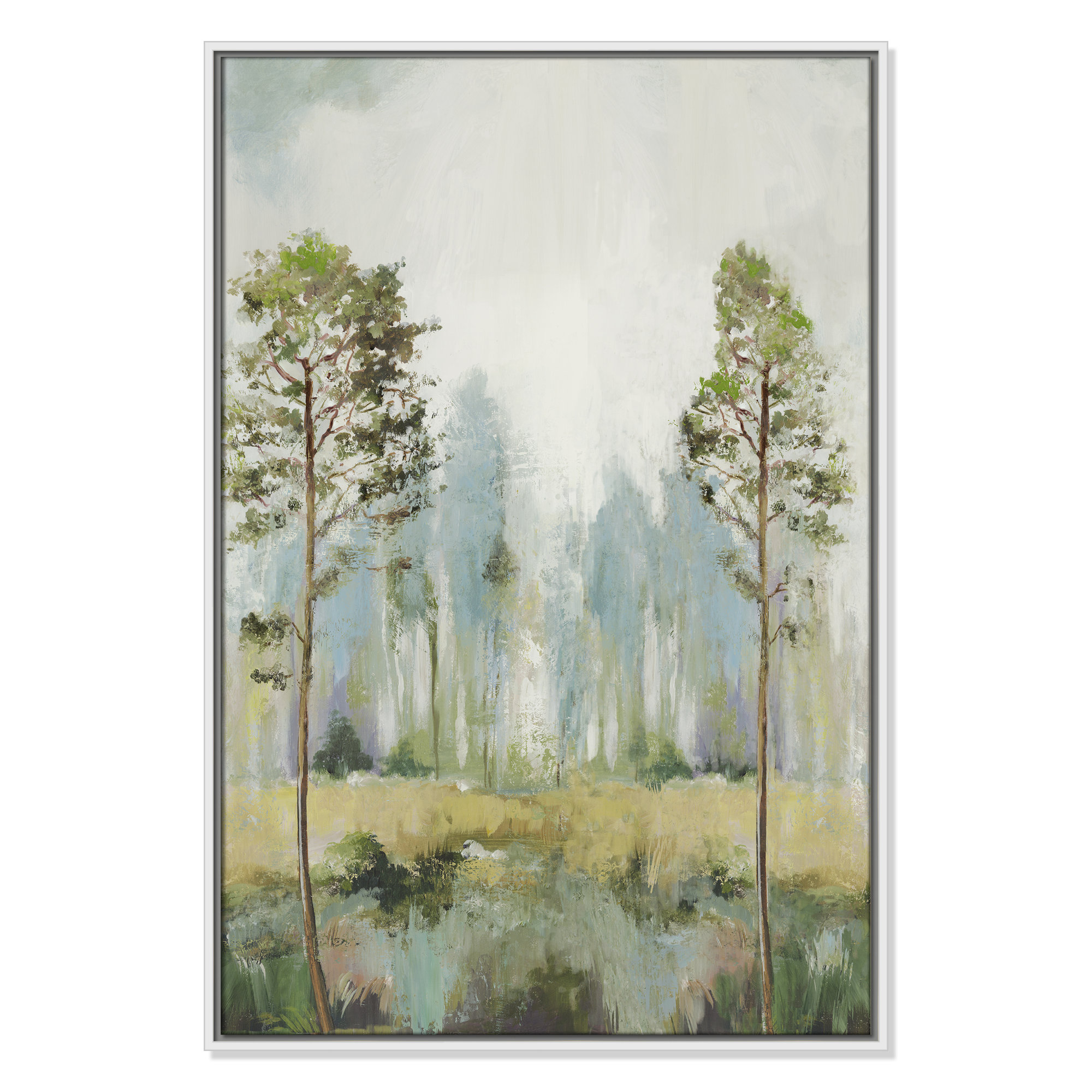Tall Green Trees II by Teton Pearce - Floater Frame Print on Canvas, 37.5" H x 25.5" W, White