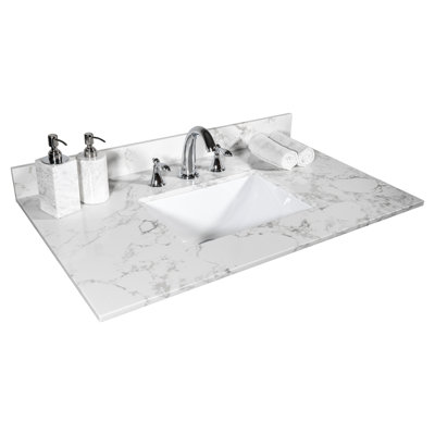Meuble-lavabo de 31 po blanc pierre, avec lavabo en céramique encastré et dosseret arrière, rehausse le robinet blanc de style Splendor de 8 po pré-percé, rehausse l'attrait général