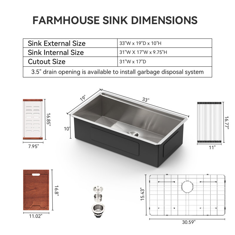 33" L x 19" W Undermount Kitchen Sink Workstation Single Bowl Sink 16 Gauge Stainless Steel Sink, Brushed