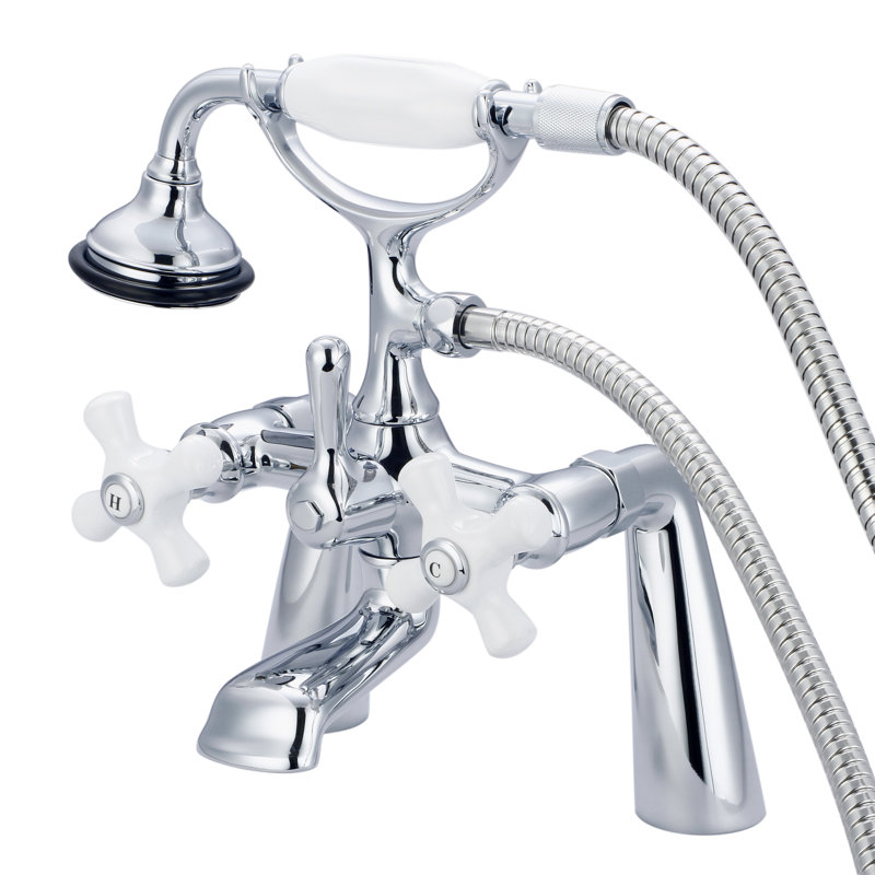 Stonington 3 Handle Deck Clawfoot Tub Faucet, Hand Polished, Richly Triple Plated Chrome Finish, Porcelain Cross Handles