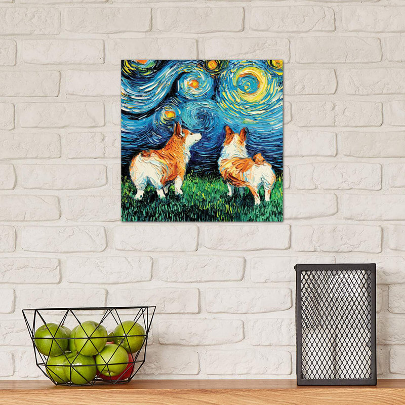 " Corgi Night " by Aja Trier Painting Print, Wrapped Canvas, 12" H x 12" W x 1.5" D