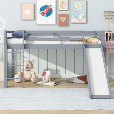 Twin Low Loft Bed with Slide, Ladder and Guardrails, Solid Rubber Wood Kids Loft Bed with Safety Features
