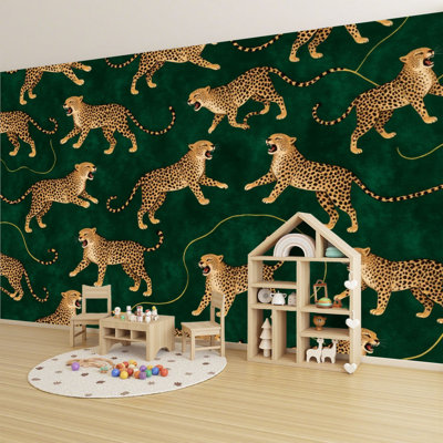 Peel and Stick Wallpaper Leopard Print Dark Green Dynamic Poses Wall Murals 69"H x 96"W Removable PVC Wall Paper Self-Adhesive Wall Decor for Bedroom Living Room Home Office