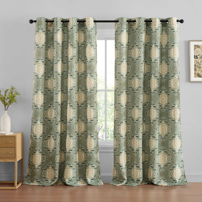 Liam Ogee Ikatt Damask Patterned Window Grommet Curtains Bedroom - Light Blocking Darkening Window Panels, Set of 2 , Sage