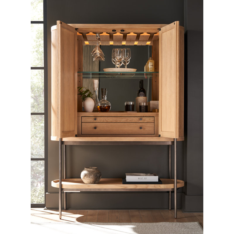 Linnea Natural Oak and Pewter Modern Bar Cabinet