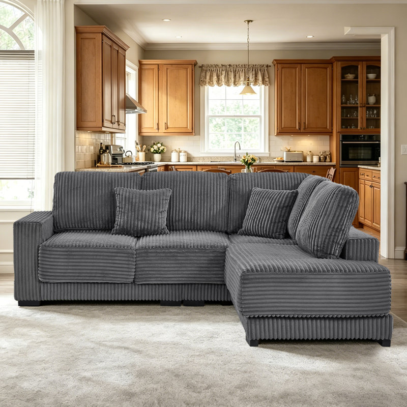 93.00 Small Size L-Shaped Sectional Sofa,Corduroy Couch with Reversible Chaise, Light Gray Corduroy