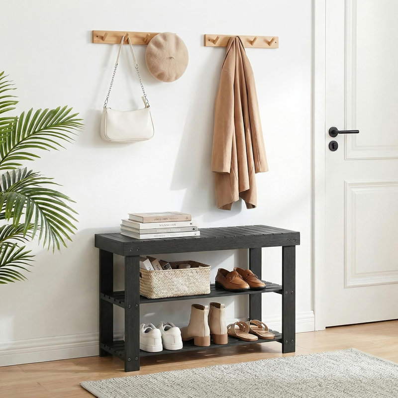 3 Tier Shoe Rack for Entryway, 3 Tier Outdoor Bamboo Shoe Rack with Bench, Front Door Bench, Black