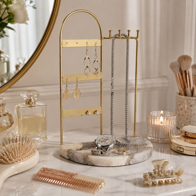 Boîte à bijoux décorative en métal et agate avec support, en forme d'arche, idéale pour ranger vos bijoux sur votre coiffeuse. Organisateur de bijoux de bureau moderne pour la décoration intérieure. Or et blanc.