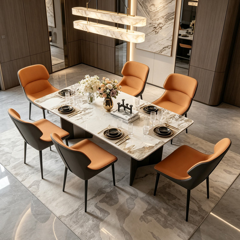 Table de salle à manger en pierre frittée avec un plateau rectangulaire, avec une base en acier gris avec une finition en grain de bois naturel; peut accueillir 4 à 6 personnes.
