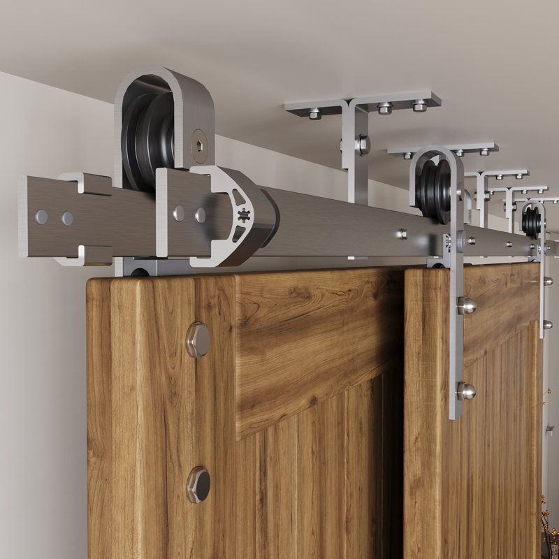 Ensemble de quincaillerie de porte de grange coulissante double / double à deux rails pour montage au plafond en nickel brossé, deux rails plats de 14 pieds de long, pour deux portes intérieures (portes non incluses)