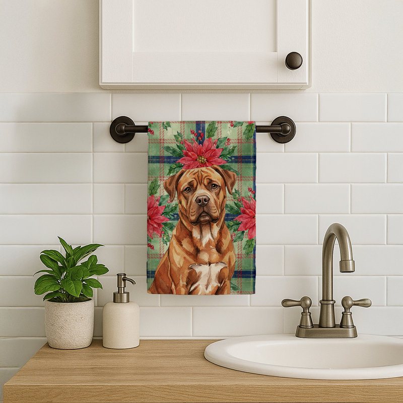 Mahogany Dogue de Bordeaux Christmas PoinsettIas Kitchen Towel, Mahogany Dogue de Bordeaux