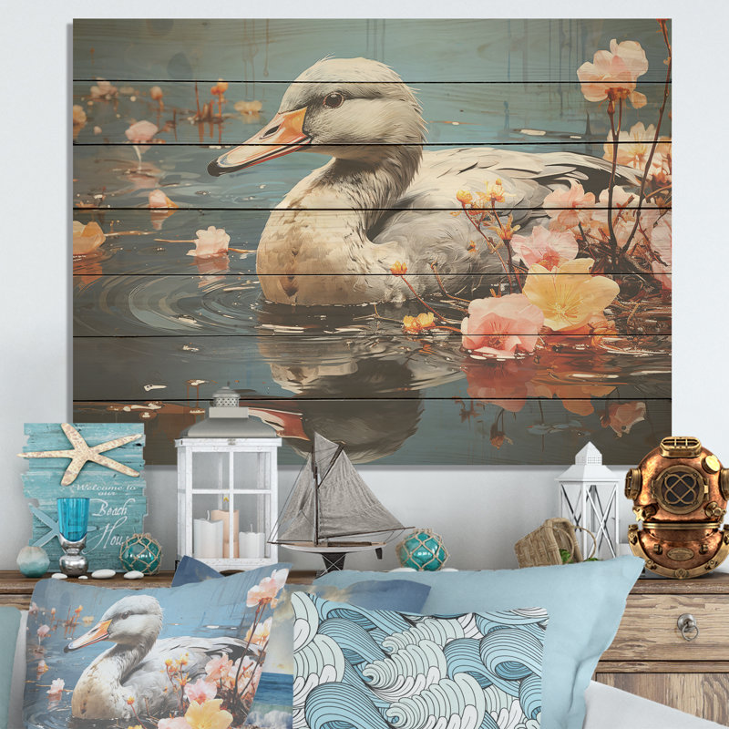 «Grey Duck» Floral Swims I - animal canard sur bois, H 24 po x l 32 po x P 0,78 po
