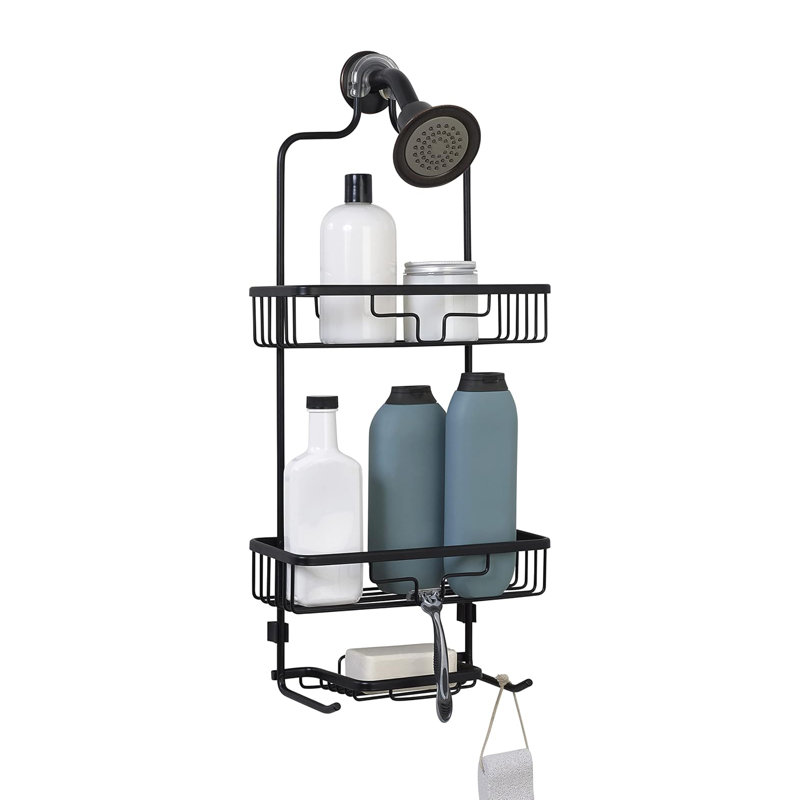 Serviteur de douche en aluminium antirouille avec 2 tablettes et crochets intégrés - Pomme de douche pour shampooing, revitalisant et produits essentiels