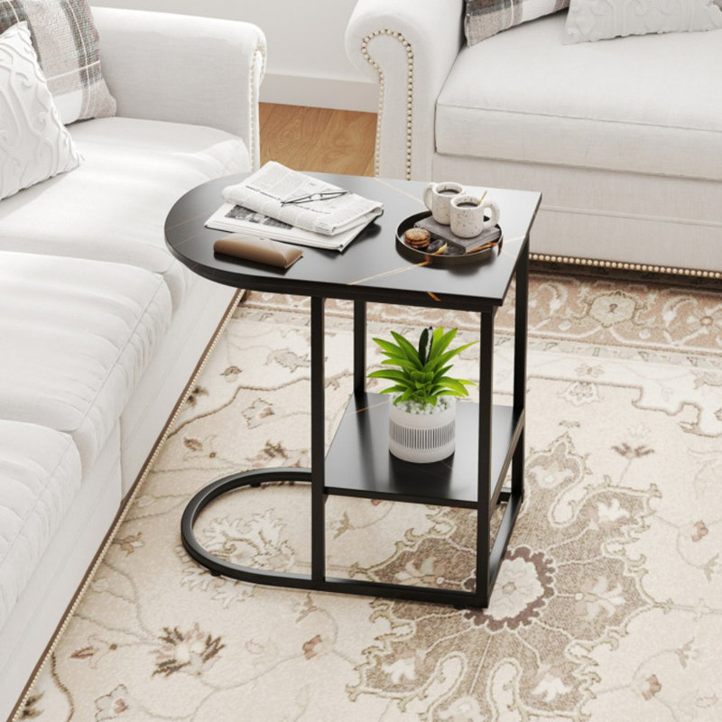 Table de bout compacte à 2 niveaux avec rangement en C pour petits espaces, Noir