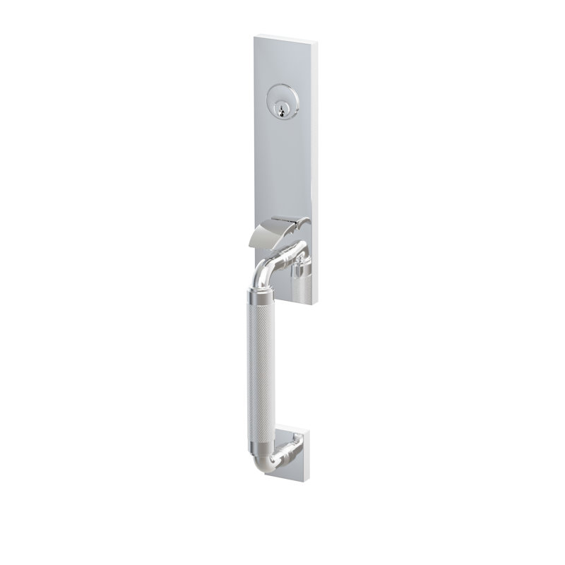 Faux mortaise monolithique Emtek SELECT, tige extérieure en forme de R avec poignée moletée, bouton intérieur Verve, chrome poli