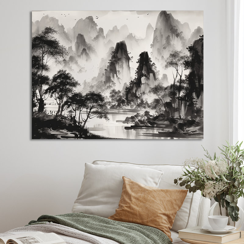 «Black and White Asia Mountains I», reproduction d'art sur toile, H 12 po x l 20 po x P 1 po, Toile tendue