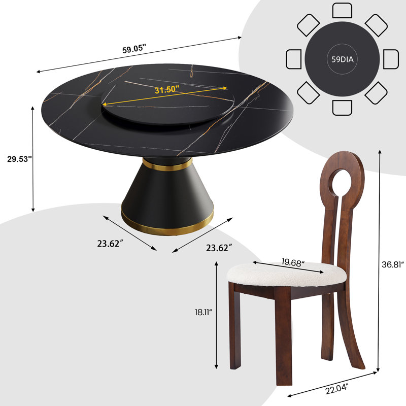 8 Seat Modern Round Sintered Stone Dining Table With Rotating Tray,modern Key-shaped Dining Chairs, Black