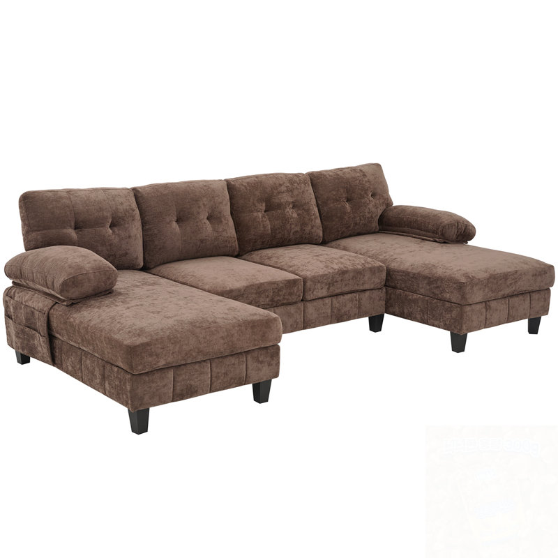 U-Shaped Modular Sofa With Double Chaises And Armrest Pillows, Brown Chenille