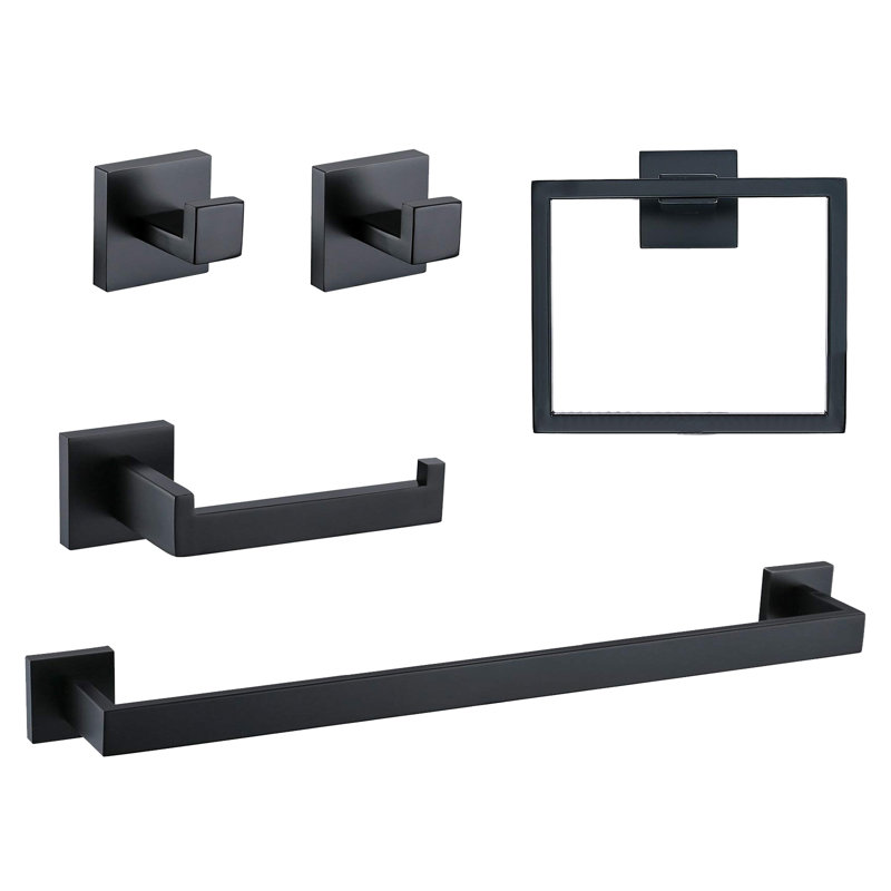 5-Piece Bathroom Hardware Set With Towel Bar, Towel Ring, Robe Hook, Toilet Paper Holder, Matte Black