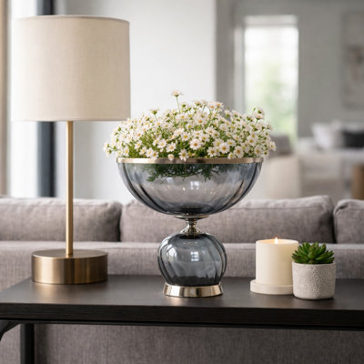 Elegant Round Glass Vase with Metal Rim for Home Accent - Tall Table Vase Accent for Flower Arrangements & Living Room Decor - Gray & Silver
