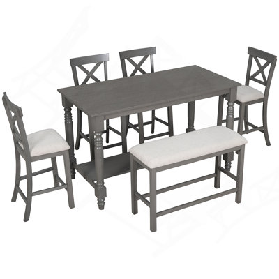 Ensemble de table de salle à manger 6 pièces à hauteur de comptoir avec tablette pour salle à manger